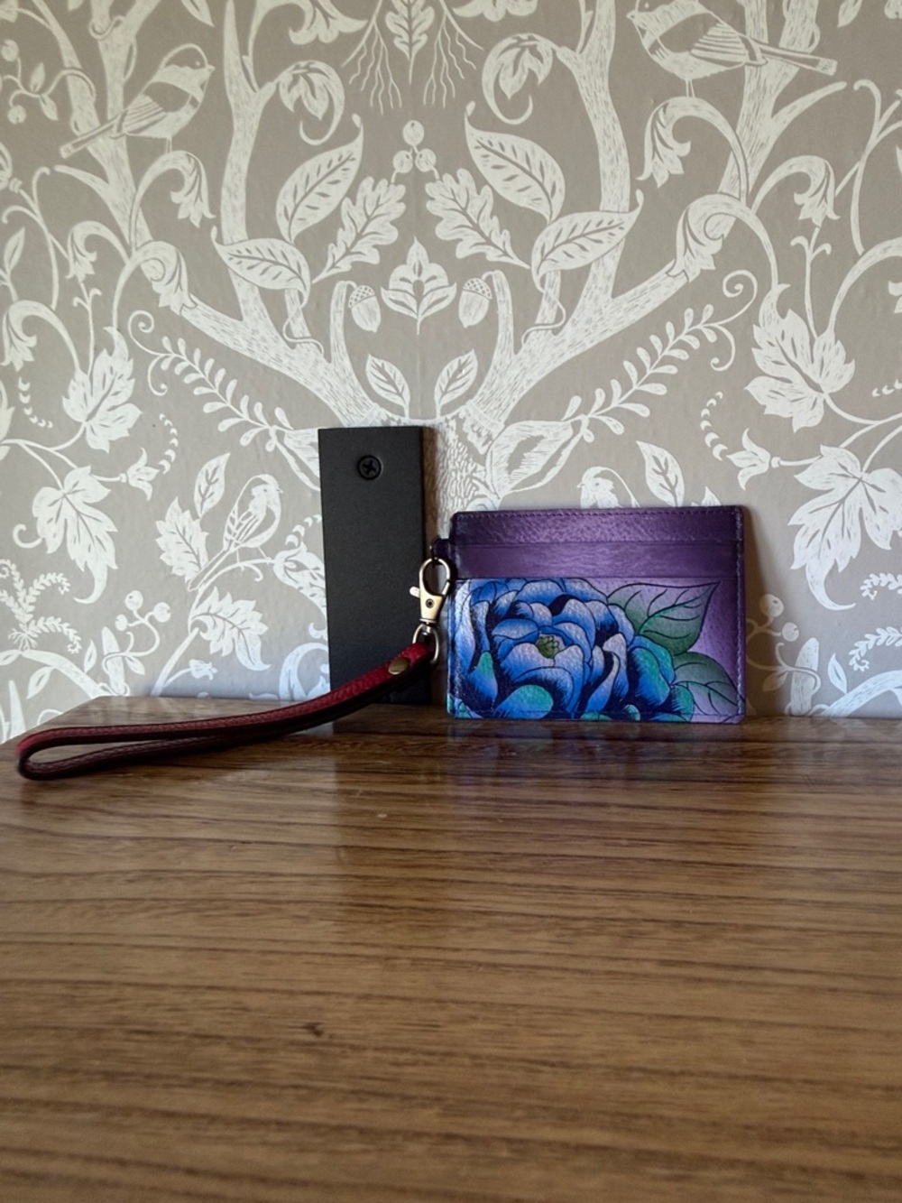 Anuschka Leather Peony Card Holder Red, Purple & Blue w/ removable strap NWOT